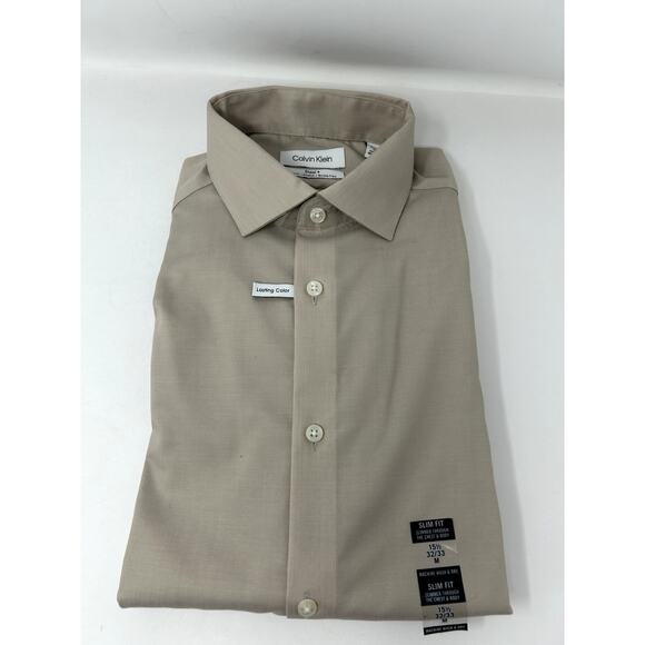 Calvin Klein Mens Slim Fit Shirt Taupe Size 15.5 (32/33) M Stretch Wrinkle Free - Picture 1 of 5